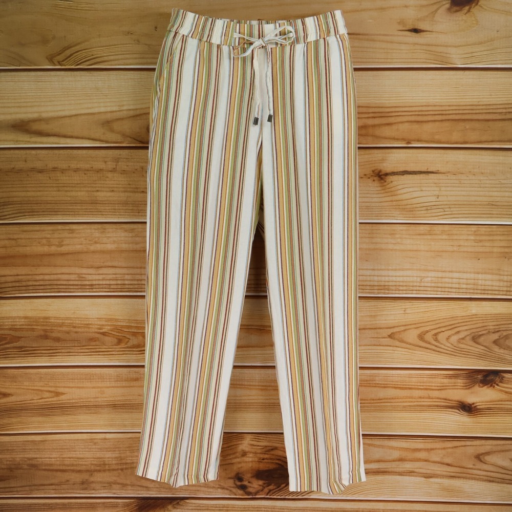 SOHO Apparel Linen Pants Womens S Brown Colorful Striped‎ Elastic Waist Pockets